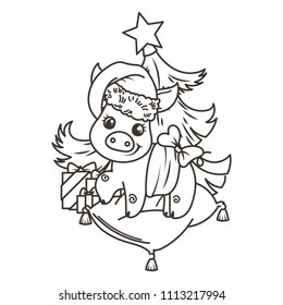 Happy New 2019 Year card with cartoon baby pig in santa hat. Small vector symbol of holiday. Coloring page