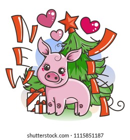 Happy New 2019 Year card with cartoon baby pig. Small vector symbol of holiday in love.