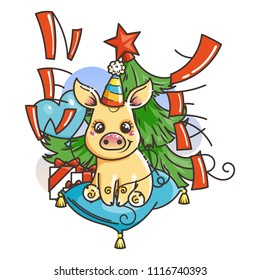 Happy New 2019 Year card with cartoon golden baby pig. Small vector symbol of holiday in celebrate hat and balloon.