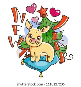 Happy New 2019 Year card with cartoon golden baby pig. Small vector symbol of holiday in love.
