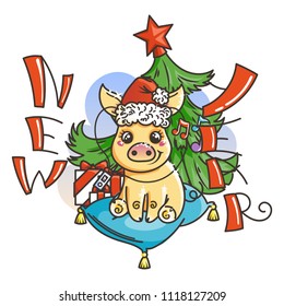 Happy New 2019 Year card with cartoon golden baby pig. Small vector symbol of holiday in santa hat with music player.