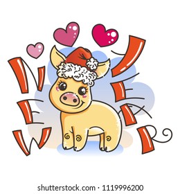Happy New 2019 Year card with cartoon golden baby pig. Small vector symbol of holiday in santa hat in love.