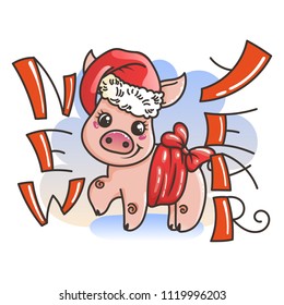 Happy New 2019 Year card with cartoon baby pig. Small vector symbol of holiday in santa hat.