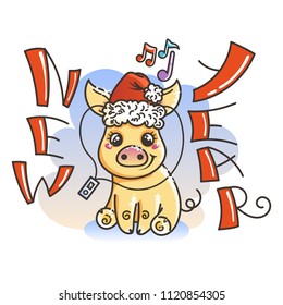Happy New 2019 Year card with cartoon golden baby pig. Small vector symbol of holiday in santa hat with music player.