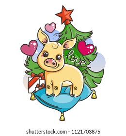 Happy New 2019 Year card with cartoon golden baby pig. Small vector symbol of holiday in love.