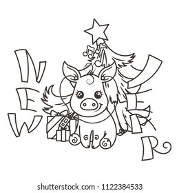 Happy New 2019 Year card with cartoon baby pig. Small vector symbol of holiday. Coloring page