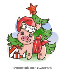 Happy New 2019 Year card with cartoon baby pig. Small vector symbol of holiday in santa hat.