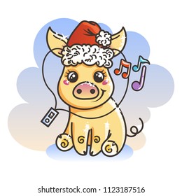 Happy New 2019 Year card with cartoon golden baby pig. Small vector symbol of holiday in santa hat with music player.