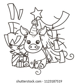 Happy New 2019 Year card with cartoon baby pig. Small vector symbol of holiday. Coloring page