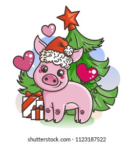 Happy New 2019 Year card with cartoon baby pig. Small vector symbol of holiday in santa hat in love.