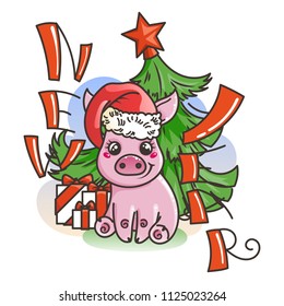 Happy New 2019 Year card with cartoon baby pig. Small vector symbol of holiday in santa hat.