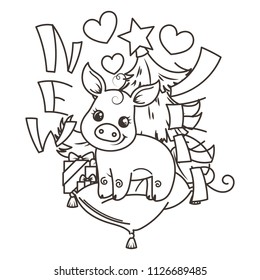 Happy New 2019 Year card with cartoon baby pig. Small vector symbol of holiday. Coloring page