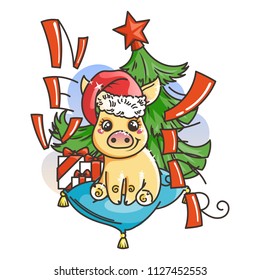 Happy New 2019 Year card with cartoon golden baby pig. Small vector symbol of holiday in santa hat.