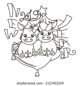 Happy New 2019 Year card with cartoon baby pig. Small vector symbol of holiday. Coloring page