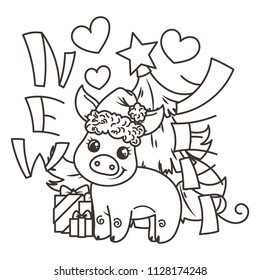 Happy New 2019 Year card with cartoon baby pig in santa hat. Small vector symbol of holiday. Coloring page