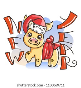 Happy New 2019 Year card with cartoon golden baby pig. Small vector symbol of holiday in santa hat.