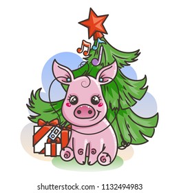 Happy New 2019 Year card with cartoon baby pig. Small vector symbol of holiday with music player.