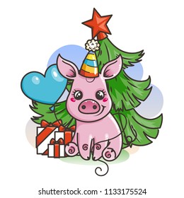 Happy New 2019 Year card with cartoon baby pig. Small vector symbol of holiday in celebrate hat with balloon.