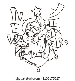 Happy New 2019 Year card with cartoon baby pig in santa hat. Small vector symbol of holiday. Coloring page