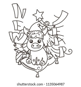 Happy New 2019 Year card with cartoon baby pig in santa hat. Small vector symbol of holiday. Coloring page