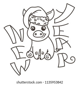 Happy New 2019 Year card with cartoon baby pig in santa hat. Small vector symbol of holiday. Coloring page