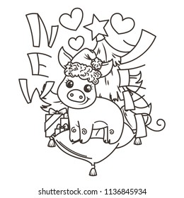 Happy New 2019 Year card with cartoon baby pig in santa hat. Small vector symbol of holiday. Coloring page