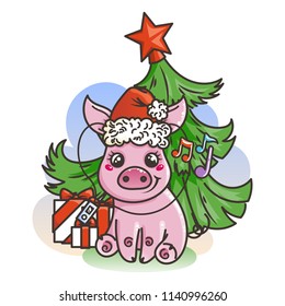 Happy New 2019 Year card with cartoon baby pig. Small vector symbol of holiday in santa hat with music player.