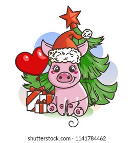 Happy New 2019 Year card with cartoon baby pig. Small vector symbol of holiday in santa hat with balloon.