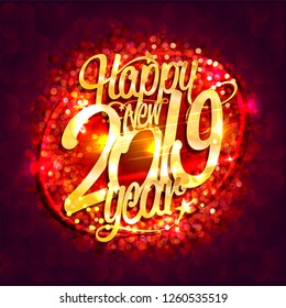 Happy new 2019 year card with red sparkles background