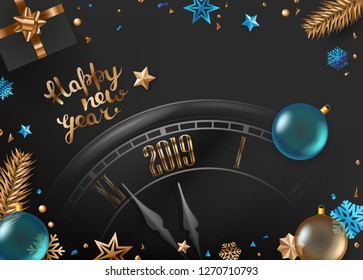 Happy new 2019 year. Christmas box, fir branches, clock andshiny baubles and snowflakes