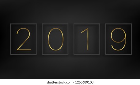 Happy New 2019 year concept. Black wall with black frames. Vector illustration