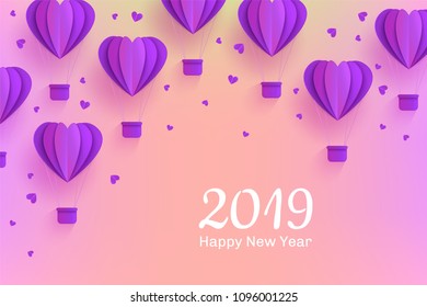 Happy New 2019 Year congratulation banner in trendy paper art style with folded origami violet hot air balloons in form of hearts and greeting sign on pastel gradient background, vector illustration.