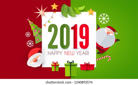 Happy New 2019 Year! Cute Paper Art Design. Vector illustration