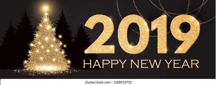Happy New 2019 Year! Elegant Card Template with Gold Shining Christmas Tree. Pine with Snowflakes and Stars. Luxury Design. Vector illustration Happy New 2019 Year! Elegant Card Template with Gold Shining Christmas Tree. Pine with Snowflakes and Stars. Luxury Design. Vector illustration