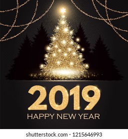 Happy New 2019 Year! Elegant Card Template with Gold Shining Christmas Tree. Pine with Snowflakes and Stars. Luxury Design. Vector illustration