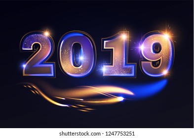 Happy New 2019 Year! Elegant Shining Number. Typography Design. Holiday Banner with Light Effect. Vector illustration