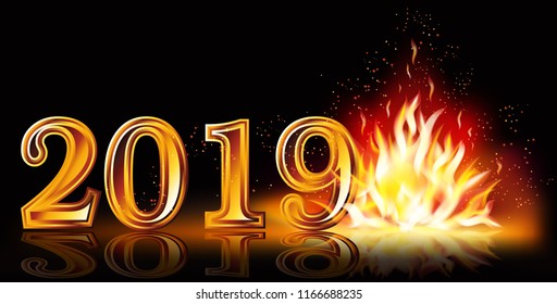 Happy New 2019 Year fire banner, vector illustration