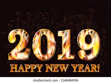Happy New 2019 Year fire wallpaper, vector illustration