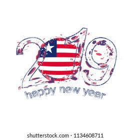 Happy New 2019 Year with flag of Liberia. Holiday grunge vector illustration.