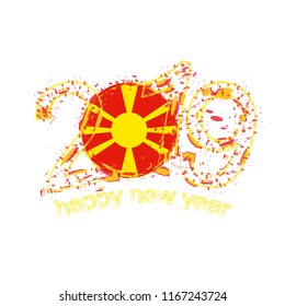 Happy New 2019 Year with flag of Macedonia. Holiday grunge vector illustration.
