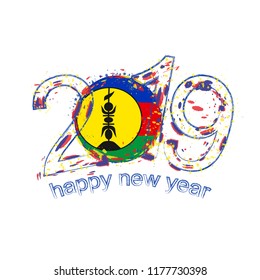 Happy New 2019 Year with flag of New Caledonia. Holiday grunge vector illustration.