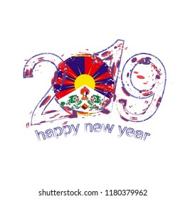 Happy New 2019 Year with flag of Tibet. Holiday grunge vector illustration.