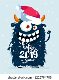 Happy new 2019 year funny poster with cute monster. Vector illustration