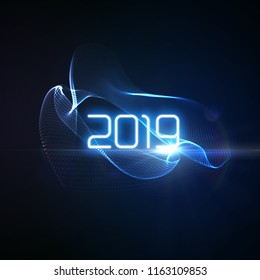 Feliz Ano Novo 2019. Brilhante futurista luz neon com raios de luz estourando. Ilustração de feriado vetorial. Ano Novo festivo 2019 sinal de festa. Elemento de decoração para design