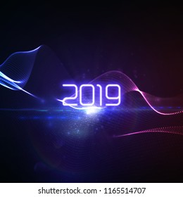 Happy New 2019 Year. Futuristic glowing neon light splash with bursting light rays. Vector holiday illustration. Festive New Year 2019 party sign. Decoration element for design