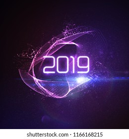 Feliz Ano Novo 2019. Brilhante futurista luz de néon com raios de luz e partículas estourando. Ilustração de feriado vetorial. Ano Novo festivo 2019 sinal de festa. Elemento de decoração para design