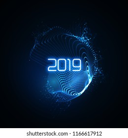 Feliz Ano Novo 2019. Brilhante futurista luz neon com raios de luz estourando. Ilustração de feriado vetorial. Ano Novo festivo 2019 sinal de festa. Elemento de decoração para design