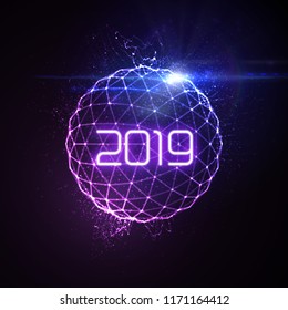 Happy New 2019 Year. Futuristic glowing neon light sphere with bursting light rays. Vector holiday illustration. Festive New Year 2019 party sign. Decoration element for design