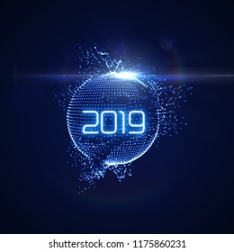 Happy New 2019 Year. Futuristic glowing neon light sphere with bursting light rays. Vector holiday illustration. Festive New Year 2019 party sign. Decoration element for design