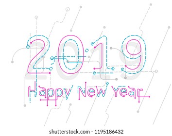 Happy New 2019 Year. Futuristic vector holiday illustration. Festive New Year 2019 party sign.